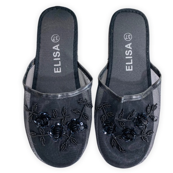 Vintage Sequin Mesh Slides Chinese Beaded Slippers with Floral Embellishments - Picture 2 of 6